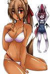  arms_up bad_id bad_pixiv_id ball bare_shoulders bat_wings beachball bikini brown_hair chestnut_mouth dark_skin eyebrows eyepatch hair_ribbon long_hair multiple_girls one-piece_swimsuit original pako_(moto_paco) paromi pigeon-toed ponytail purple_hair red_eyes ribbon school_swimsuit simple_background swimsuit tan thick_eyebrows white_background white_swimsuit wings 