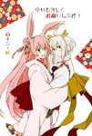  ahoge animal_ears bad_id bad_pixiv_id bow bunny_ears carrying dragon_girl dragon_horns floral_print green_eyes horns japanese_clothes kikumon kimono long_hair mameko monster_girl multiple_girls new_year open_mouth original pink_hair short_hair smile white_hair 