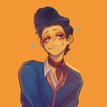  1boy :3 blue_hair blue_vest colored_skin highres looking_at_viewer male_focus mercywashere phone pompadour solo sweater_vest vest wally_darling welcome_home_(arg) yellow_background yellow_skin 