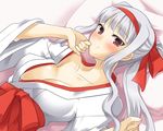  blush breasts cleavage gokubuto_mayuge hairband hakama idolmaster idolmaster_(classic) japanese_clothes kimono large_breasts lying miko ponytail red_eyes red_hakama shijou_takane smile solo white_hair 