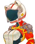  1girl absurdres animal_ears_helmet animal_helmet breasts commentary elliemaplefox helmet highres medium_breasts original simple_background solo space_helmet spacesuit upper_body white_background 