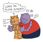 2025 angry anthro big_jim_(dog_man) blush clothing dialogue dog_man_(series) domestic_cat duo english_text eyewear felid feline felis glasses grampa_(dog_man) hi_res male mammal ohmeowgerd overweight purple_body shirt simple_background text topwear white_background