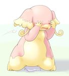  &#1044; audino big_ears canopus335 covered_eyes covering_eyes cum cumshot eyes_closed hiding kneeling nintendo open_mouth orgasm pink pink_body plain_background pok&#233;mon pok&eacute;mon solo video_games white_background 