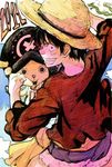  2011 black_hair bonkara_(sokuseki_maou) creature cross grin hat long_sleeves looking_at_viewer male_focus monkey_d_luffy one_piece pirate_hat sash scar smile straw_hat sun_hat teeth tony_tony_chopper upper_body wide-eyed 