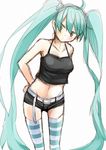  ahoge aqua_hair bare_shoulders belt camisole green_eyes hatsune_miku highres long_hair midriff nigo_(aozoragarou) short_shorts shorts simple_background sketch solo striped striped_legwear thighhighs twintails very_long_hair vocaloid white_background 