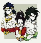  1girl 2boys arms_at_sides bang belt black_eyes black_hair bracelet broly broly_(dragon_ball_super) commentary diadem dragon_ball dragon_ball_super dragon_ball_super_broly dragonball_z earrings expressionless finger_gun frown grey_background grey_eyes height_difference jewelry kale_(dragon_ball) long_hair looking_away multiple_boys muscle necklace nervous ponytail red_shirt scar shirt shirtless short_hair simple_background spiked_hair sweatdrop symbol_commentary upper_body yoruume 