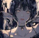  1girl abstract_background bare_shoulders black_choker black_hair black_nails choker closed_mouth collarbone eyelashes fingernails haji_(h0aj1) lip_piercing looking_at_viewer orange_eyes original painterly piercing pink_lips short_hair solo upper_body 