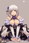  arm_support bare_shoulders black_legwear breasts collarbone dress facial_mark fantasy_earth_zero lace large_breasts lips mr.romance seiza simple_background sitting solo thighhighs white_hair 