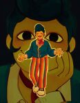  1boy blue_hair colored_skin highres horror_(theme) looking_at_viewer male_focus multicolored_pants pants phone pompadour sealemoons solo wally_darling welcome_home_(arg) yellow_skin 