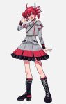  ahoge arm_at_side belt black_belt black_boots black_skirt black_sleeve_cuffs blush boots bow buttons double-breasted full_body grey_background grey_skirt hair_between_eyes hair_bow hair_ribbon hand_up hashtag-only_commentary highres jacket kasane_teto kasane_teto_(sv) kneeling lace-up_boots layered_skirt layered_sleeves long_sleeves looking_at_viewer mujikuro musical_staff musical_staff_print open_mouth platform_boots red_belt red_eyes red_hair red_skirt red_socks red_trim ribbon shoulder_belt shoulder_boards simple_background skirt skirt_set socks standing striped_clothes striped_jacket striped_skirt synthesizer_v utau white_bow white_ribbon 