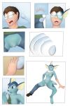 2017 absorption_vore biped black_nose blue_body blue_eyes bodily_fluids bottomwear breasts clothing colored comic damaged_clothing dripping_pussy duo eeveelution egg egg_in_pussy egg_insertion eyewear featureless_breasts female footwear gender_transformation generation_1_pokemon genital_fluids genitals glasses goo_transformation growth hand_on_ground hi_res human human_to_anthro looking_pleasured mammal membrane_(anatomy) mid_transformation mtf_transformation navel nintendo non-mammal_breasts nude open_mouth paws pokemon pokemon_(species) pussy shoes shrinking simple_background sitting sitting_on_ground size_transformation solo_focus species_transformation standing tail tail_growth tomek1000 tomek1000_(character) topwear transformation transformation_sequence unbirthing vaginal vaginal_fluids vaporeon vore webbed_hands