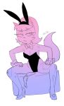 2025 anthro bow_tie breasts bruised bruised_leg bunny_costume carrot cleavage clothed clothing costume cuffs_(clothing) dbaru fake_ears fake_rabbit_ears female food footwear hi_res high_heels kitty_katswell legwear nickelodeon pantyhose plant shoes sitting solo t.u.f.f._puppy torn_clothing torn_legwear torn_pantyhose vegetable