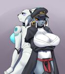2024 android anthro banchomikomon bandage bandai_namco big_breasts black_body breasts canid canine clothing crossed_arms digimon digimon_(species) duo female fox fur furball glare grey_body grey_fur hat headgear headwear hi_res huge_breasts jojo&#039;s_bizarre_adventure jotaro_kujo looking_at_viewer looking_back machine mammal markings mikomon nipples overcoat palance robot stand_(jjba) standing white_body white_fur