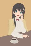  1girl :d absurdres black_hair blue_eyes bow bowtie chabudai_(table) coffee commentary_request cup flower hair_flower hair_ornament highres jacket jacket_on_shoulders long_hair long_sleeves looking_to_the_side musaki_(msaki666) open_mouth red_bow red_bowtie saten_ruiko scratching_cheek shirt simple_background smile solo table toaru_kagaku_no_railgun toaru_majutsu_no_index white_shirt 
