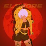  1girl absurdres arms_up artzsangame belt black_shirt brown_shorts character_request closed_mouth commentary_request crop_top highres jacket long_sleeves midriff navel nier_(series) nier_reincarnation open_clothes open_jacket red_background red_eyes shirt short_hair shorts solo thigh_strap white_hair yellow_belt yellow_jacket 