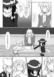  3girls absurdres ahoge alternate_costume bow comic formal futa_(nabezoko) glasses greyscale hair_bow hat hat_bow highres long_hair maribel_hearn monochrome morichika_rinnosuke multiple_girls scarf skirt suit table-turning touhou translated usami_renko yakumo_ran 