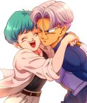  1boy 1girl aqua_hair arms_around_neck belt black_shirt blue_bodysuit blue_eyes bodysuit boriroba bowl_cut brown_belt bulma bulma_(future) cheek-to-cheek collarbone commentary_request dragon_ball dragon_ball_z earrings floating_clothes happy happy_tears heads_together highres hug jacket jewelry looking_at_another looking_to_the_side mother_and_son muscular muscular_male official_alternate_costume one_eye_closed open_mouth pants parent_and_child parted_hair purple_hair saiyan_armor shirt short_hair smile stud_earrings tears teeth trunks_(dragon_ball) trunks_(future)_(dragon_ball) upper_teeth_only white_background white_jacket white_pants 