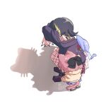  3girls animal_ears black_hair black_jacket black_nails black_ribbon blue_hair brown_hair cat_ears cat_shadow_puppet_(meme) cat_tail chibi cometik_(idolmaster) fishnets highres idolmaster idolmaster_shiny_colors ikaruga_luca ikuta_haruki jacket meme multicolored_hair multiple_girls ribbon shadow short_hair signature squatting streaked_hair suzuki_hana tail white_background zundasiba8 