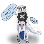 1:1 2011 anthro biped bite biting_lip biting_own_lip black_body black_ears black_fur black_nose blue_eyes blue_hair blue_markings claws clothing colored costume countershade_face countershade_fur countershading dialogue digitigrade english_text eyebrows fangs fingers fox0808 frustration fur glistening glistening_body hair holding_object jyoumon_(scotskunk) looking_down looking_down_at_object male mammal markings mephitid motion_lines nude paws raised_eyebrows scalie scot_(scotskunk) self_bite simple_background skunk solo species_transformation speech_bubble split_form standing suit_transformation tail tail_wiggle teeth text transformation white_background white_body white_countershading white_ears white_fur white_hair white_inner_ear white_markings x_marking