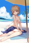  1girl bare_arms bare_legs bare_shoulders barefoot beach bikini blue_sky blue_towel blush braid breasts brown_hair cloud cloudy_sky collarbone commentary_request dot_nose eyebrows_visible_through_hair hagiwara_yukiho hand_on_ground idolmaster idolmaster_(classic) looking_at_viewer mountain navel occhan_(11715) ocean outdoors palm_tree red_ribbon ribbon sand shade short_hair sitting sitting_on_ground sky small_breasts smile solo swimsuit towel tree twin_braids water white_bikini white_ribbon 