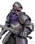  1other armor breastplate full_armor gauntlets helm helmet highres holding holding_weapon jiro_(ninetysix) knight open_mouth original pauldrons plate_armor sharp_teeth shoulder_armor solo sword teeth weapon 