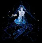  1girl black_background blue_eyes blue_hair colored_skin dress english_commentary extra_pupils fins fish flying_fish frilled_sleeves frills full_body highres looking_to_the_side monster_girl original personification seashell see-through_body senmaze shell simple_background solo tentacle_hair white_skin 