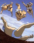  5boys aerial_battle afghanistan barefoot battle beard chest_hair cloud day dutch_angle facial_hair flying jumping kicking male_focus martial_arts mawashi meme misogram multiple_boys original sky sumo turban wrestler wrestling 