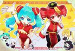  5girls :o ahoge akita_neru aqua_eyes aqua_hair black_choker black_hair black_suit blonde_hair blush bracelet bread brown_eyes chibi china_dress chinese_clothes choker cleavage_cutout clenched_hand clothing_cutout dress drill_hair earrings food gold_bracelet green_eyes green_hair hair_ornament hand_on_own_cheek hand_on_own_face hand_up hat hatsune_miku highres jewelry kasane_teto long_hair multicolored_hair multiple_girls odochina_(vocaloid) ofuda ofuda_on_head open_mouth outline outstretched_hand panda ponytail red_dress red_eyes red_hair smile sorami_yuru spring_onion suit tabane_roze twin_drills twintails two-tone_hair utau vocaloid white_hair white_outline yellow_background yellow_eyes yin_yang yowane_haku 