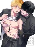  2boys abs bandaid bandaids_on_nipples black_eyes black_hair black_pants blonde_hair blush bulge chainsaw_man clothes_lift denji_(chainsaw_man) ear_piercing from_behind gakuran hair_over_eyes hand_in_another&#039;s_pants hand_in_pants highres leg_between_thighs leg_on_another&#039;s_leg looking_at_viewer male_focus mole mole_under_mouth multiple_boys navel nipples open_clothes open_mouth open_shirt pants pasties pectoral_grab pectorals piercing school_uniform sharp_teeth shirt shirt_lift short_hair simple_background siraco_(sira5_3) sweat teeth tongue veins veiny_hands white_background white_shirt yaoi yellow_eyes yoshida_hirofumi 