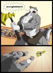 2018 abs anthro arena axe big_muscles bottomwear canid canine canis clothing comic digital_media_(artwork) english_text fur grey_body grey_fur hi_res huge_muscles kraso_(xxsparcoxx) male mammal multicolored_body multicolored_fur multiple_scenes muscular muscular_anthro muscular_male open_mouth pecs solo speech_bubble teeth text throwing throwing_axe throwing_weapon two_tone_body two_tone_fur vein veiny_muscles weapon white_body white_fur wolf xxsparcoxx