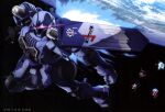  1990s_(style) absurdres ammunition_box artist_request battle chasing cloud earth_(planet) earth_federation explosion fleet glowing glowing_eye gm_(mobile_suit) gun gundam gundam_msv gundam_perfect_file highres in_orbit lens_flare machine_gun machinery mecha mecha_focus mobile_suit mobile_suit_gundam no_humans ocean one-eyed pink_eyes planet radio_antenna realistic retro_artstyle robot roundel scan science_fiction shield space traditional_media translation_request weapon zeon zudah 