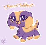 ambiguous_gender canid canine canis dachshund dipstick_ears domestic_dog ear_markings eyelashes feral floppy_ears fur hasbro hi_res hunting_dog leg_markings littlest_pet_shop mammal markings multicolored_ears nullkunstt pawpads paws purple_body purple_fur smile socks_(marking) solo tail toony yellow_markings