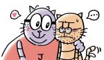2025 anthro big_jim_(dog_man) biped blush dog_man_(series) domestic_cat duo ellipsis eyewear felid feline felis glasses grampa_(dog_man) heart_symbol hi_res hug male mammal ohmeowgerd purple_body simple_background slightly_chubby smile tail tail_motion tailwag