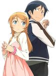  1girl :&lt; absurdres back-to-back brother_and_sister can't_be_this_cute_6 casual dress hair_ornament hairclip highres jacket kousaka_kirino kousaka_kyousuke letterman_jacket ore_no_imouto_ga_konna_ni_kawaii_wake_ga_nai scrunchie siblings steepled_fingers turtleneck wrist_scrunchie 