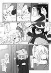  3girls =_= ^_^ absurdres ahoge alternate_costume blush_stickers bow closed_eyes comic formal futa_(nabezoko) glasses greyscale hair_bow happy hat hat_bow high_five highres long_hair maribel_hearn monochrome morichika_rinnosuke multiple_girls paper scarf suit table-turning touhou translated usami_renko yakumo_ran 