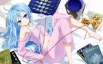  absurdres ahoge antenna_hair barefoot bed blue_eyes blue_hair book denpa_onna_to_seishun_otoko detexted feet food highres long_hair looking_at_viewer lying nail_polish navel nishida_asako off_shoulder official_art on_back open_mouth pajamas pillow pizza pizza_box scan solo stomach third-party_edit toe-point toe_scrunch toenail_polish toenails toes touwa_erio very_long_hair 