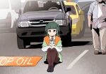  1boy 1girl :3 :| absurdres animal bad_id bad_twitter_id black_shoes blunt_bangs brown_eyes brown_pantyhose car cat closed_mouth commentary_request dress full_body green_dress green_hair grey_car gun highres holding holding_animal holding_cat holding_gun holding_weapon ikizulive!_love_live!_bluebird koaraya loafers long_hair love_live! motor_vehicle neck_ribbon on_ground pantyhose parody_request pink_ribbon protest ribbon shoes sidelocks sitting solo_focus steering_wheel two_side_up v-shaped_eyebrows weapon yamada_midori 