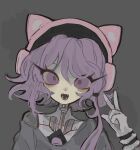  1girl :d android animal_ear_headphones animal_ears artist_name cable cat_ear_headphones commentary english_commentary eyelashes fake_animal_ears fangs flipped_hair gloves grey_background grey_shirt hair_between_eyes hand_up headphones highres lacepillow long_hair looking_at_viewer low-tied_long_hair murder_drones nori_(murder_drones) open_mouth pale_skin pink_headphones portrait purple_eyes purple_hair shirt simple_background smile solo straight-on teeth w white_gloves 