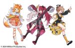  3girls absurdres ahoge akubi_demonspade animal_ears black_boots black_coat boots brown_hair cape checkered_coat coat colored_inner_hair commentary_request copyright_notice cropped_jacket crown dress fox_ears fox_girl fox_tail green_eyes green_hair hat heterochromia highres jacket knee_boots komawari_koma leg_ribbon legwear_garter long_hair looking_at_viewer million_production mini_crown mini_hat multicolored_hair multiple_girls official_art open_mouth orange_dress orange_eyes orange_hair orange_ribbon orange_shoes otonose_raco outstretched_arms pointing pointing_up red_cape red_eyes red_hair ribbon sample_watermark shading_eyes shoes short_hair simple_background sleeves_past_wrists smile socks split-color_hair spread_arms streaked_hair striped_clothes striped_jacket tail tailcoat thigh_ribbon top_hat twintails two-sided_coat two-sided_fabric vertical-striped_clothes vertical-striped_jacket virtual_youtuber waka_(wk4444) watermark white_background white_eyes white_hair white_shoes white_sleeves white_socks yellow_coat yellow_socks 