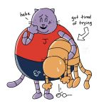 2025 anthro big_jim_(dog_man) bodily_fluids carrying_another clothed clothing dog_man_(series) domestic_cat duo english_text eyes_closed felid feline felis grampa_(dog_man) hi_res male mammal ohmeowgerd open_mouth overweight purple_body simple_background sweat text white_background