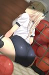  ass ball bangs basket basketball black_legwear blonde_hair blue_eyes boku_wa_tomodachi_ga_sukunai buruma butterfly_hair_ornament dutch_angle from_behind gym_storeroom gym_uniform hair_ornament indoors kabocha_head kashiwazaki_sena leaning_forward long_hair looking_at_viewer looking_back mat open_mouth shadow shirt short_sleeves single_vertical_stripe sitting solo thighhighs vaulting_horse wariza 