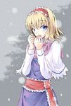  alice_margatroid awa_yume blonde_hair blue_eyes breath scarf snowing solo touhou winter_clothes 