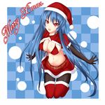  alternate_breast_size belt bikini_top black_gloves blue_hair boots breasts christmas cleavage elbow_gloves front-tie_top gloves gmot hat highres hinanawi_tenshi kneeling large_breasts long_hair merry_christmas midriff open_mouth pantyhose red_eyes santa_boots santa_costume santa_hat skirt solo thigh_boots thighhighs touhou very_long_hair 