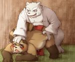  2011 anthro belly brown_fur canid canine clothed clothing crying cum duo eyewear fundoshi fur glasses humanoid_hands japanese_clothing lo@gu male male/male mammal moobs nipples overweight overweight_male raccoon_dog sex tanuki tears underwear ursid white_fur 