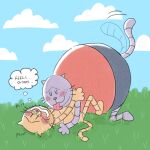 1:1 2025 anthro big_jim_(dog_man) blush clothing cloud dog_man_(series) domestic_cat duo english_text eyewear felid feline felis glasses grampa_(dog_man) hi_res licking lying male male/male mammal ohmeowgerd overweight overweight_male shirt tail tail_motion tailwag text tongue tongue_out topwear