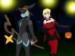 2016 4:3 anthro biped black_body black_fur blonde_hair blue_body blue_fur book breasts cemetery cindy_(swack16) clothed clothing colored duo fangs female fur generation_4_pokemon green_eyes hair halloween hat headgear headwear hi_res holding_object holidays human kirara_(swack16) looking_at_viewer luxray magic_book magic_staff mammal nintendo outside pokemon pokemon_(species) red_clothing red_sclera smile standing tail teeth vampire_costume witch_costume witch_hat wolferion yellow_eyes yellow_inner_ear