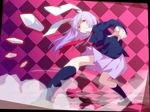 animal_ears blazer bullet bunny_ears checkered checkered_background glowing glowing_eyes jacket necktie purple_hair red_eyes reisen_udongein_inaba shionty skirt solo touhou 