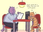 2025 4:3 anthro big_jim_(dog_man) black_nose blush bottomwear chair clothing dog_man_(series) domestic_cat duo english_text eyewear felid feline felis furniture glasses grampa_(dog_man) hi_res male mammal necktie ohmeowgerd overweight overweight_male pants purple_body shirt sitting text topwear