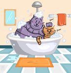 2025 anthro bathing bathtub big_jim_(dog_man) blush detailed_background dog_man_(series) domestic_cat duo eyes_closed felid feline felis grampa_(dog_man) hi_res male male/male mammal ohmeowgerd overweight overweight_male purple_body purring