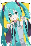  1girl absurdres black_sleeves blue_eyes blue_hair blush blush_stickers collared_shirt commentary detached_sleeves fingers_to_cheeks flat_chest grey_sky grin hair_between_eyes hatsune_miku headphones headset highres hutaba_haru long_hair looking_at_viewer microphone shirt simple_background sky sleeveless sleeveless_shirt smile solo symbol-only_commentary twintails upper_body vocaloid wing_collar yellow_background 